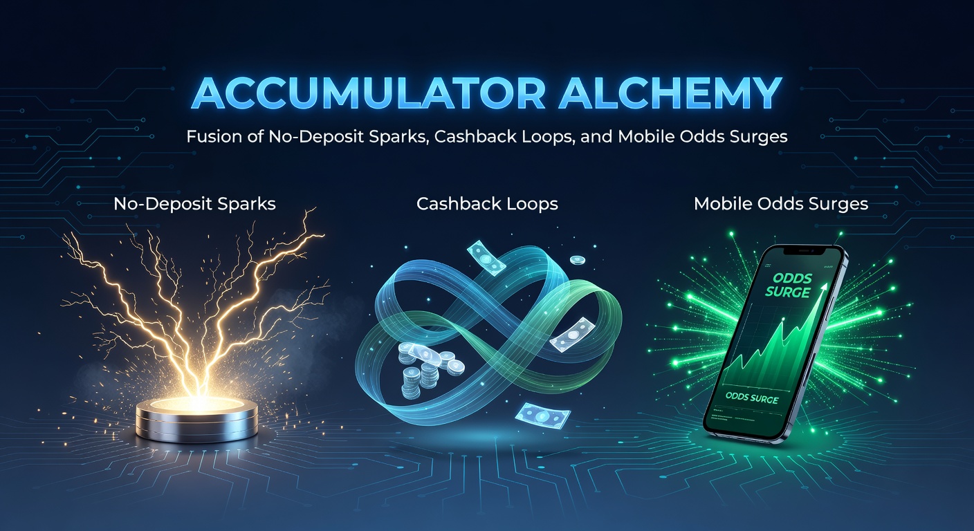 Graphic illustrating accumulator bets with glowing sparks from no-deposit bonuses, looping cashback arrows, and surging mobile odds charts