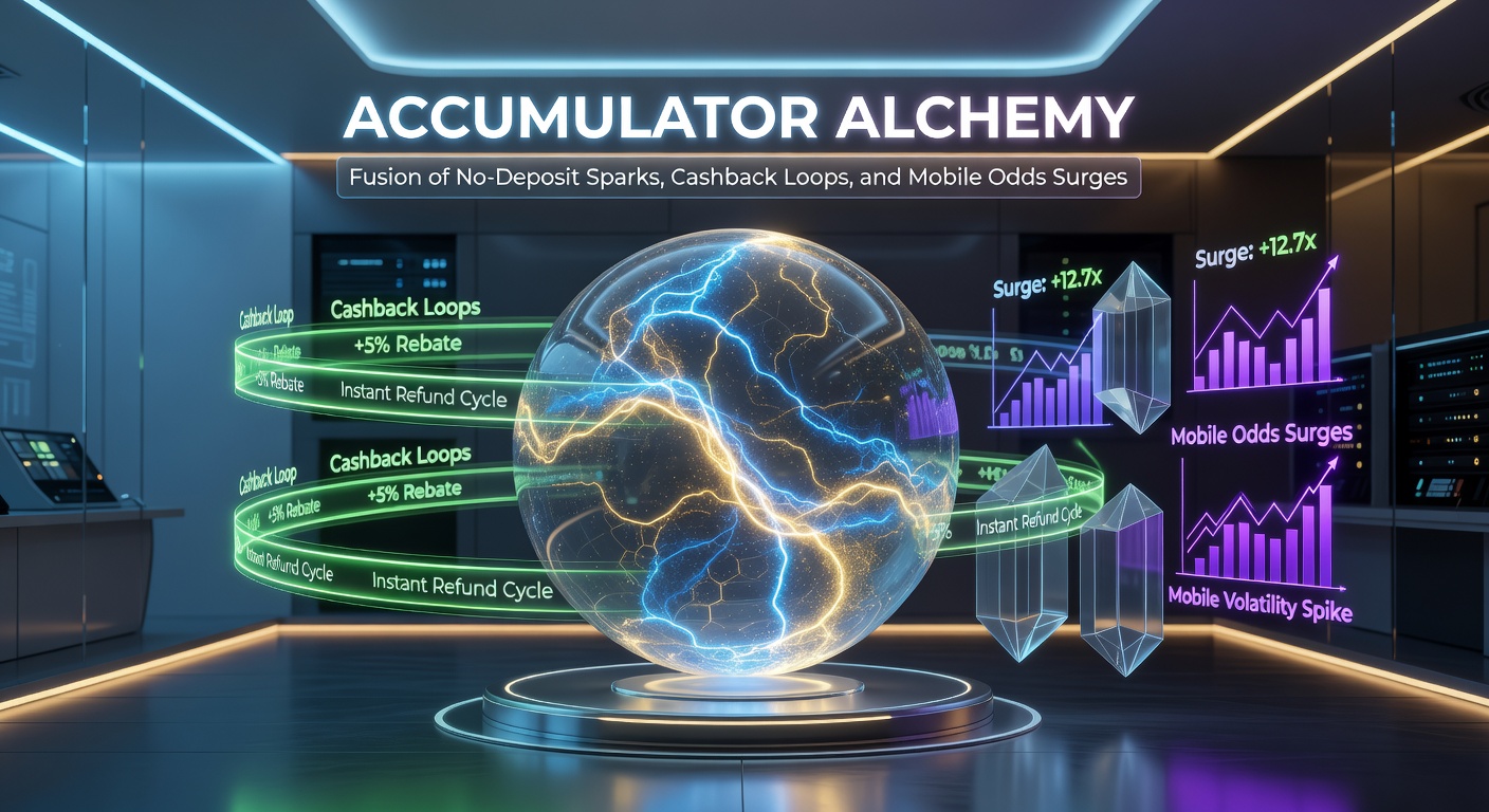 Visual breakdown of cashback loops intertwining with mobile odds graphs and no-deposit icons exploding into accumulator wins