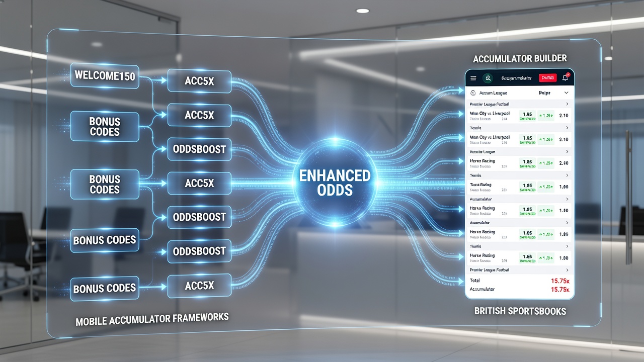Screenshot of accumulator builder in a British sportsbook app with bonus code field and enhanced odds highlights active