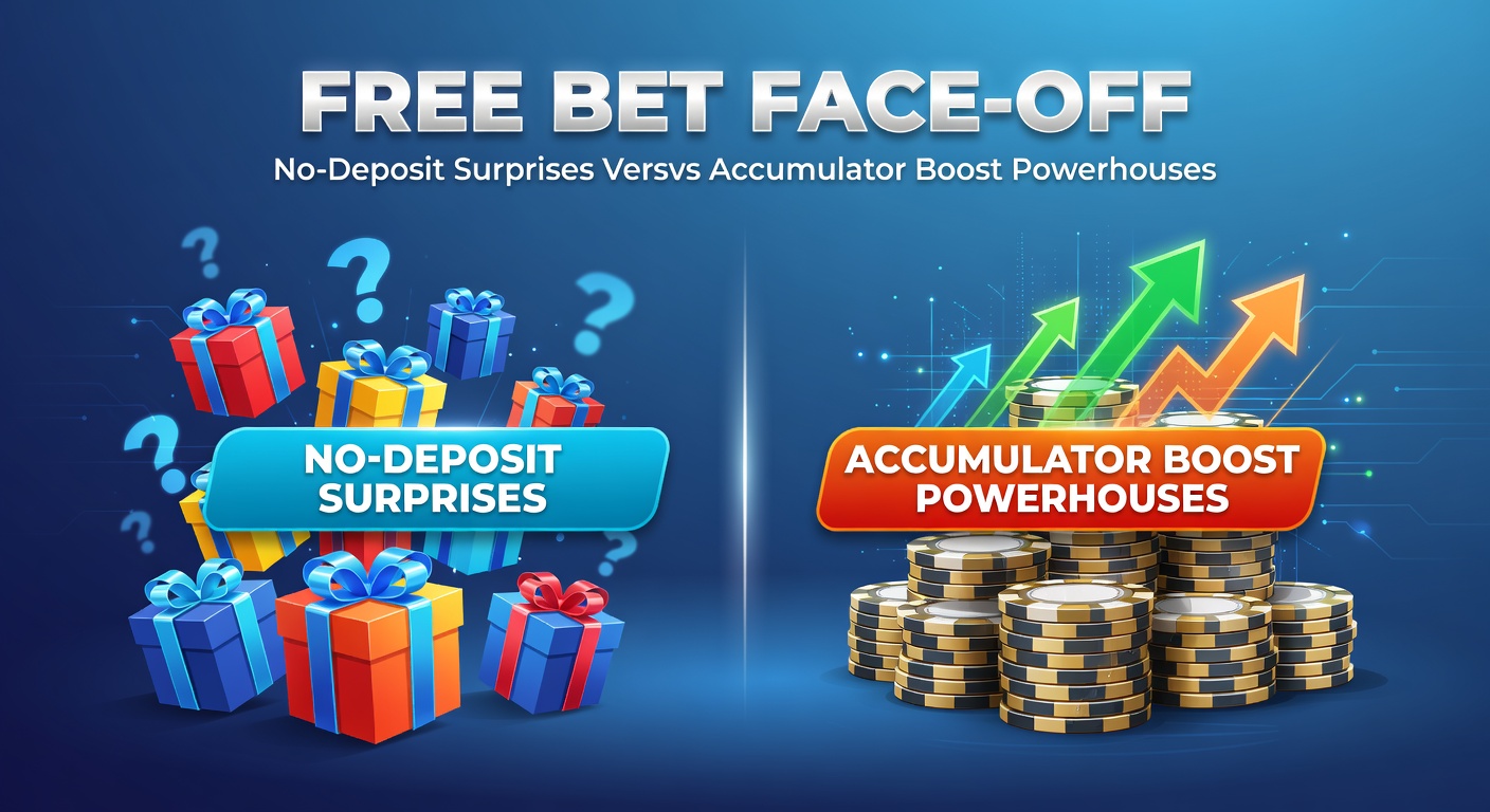 Graphic comparing no-deposit free bet icons against accumulator boost multipliers in a betting arena setting