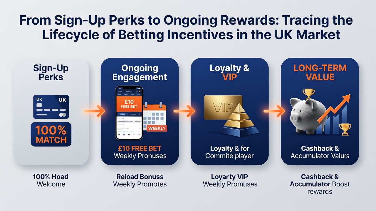 Infographic of UK betting reward stages including cashback loops, loyalty tiers, and accumulator enhancements