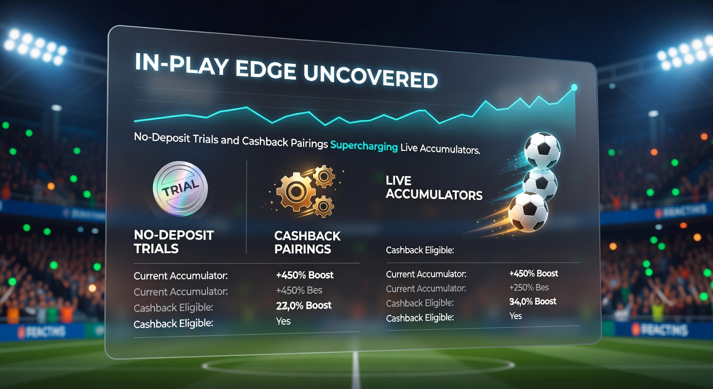 Interface screenshot of an in-play accumulator builder with no-deposit credit and cashback indicator active