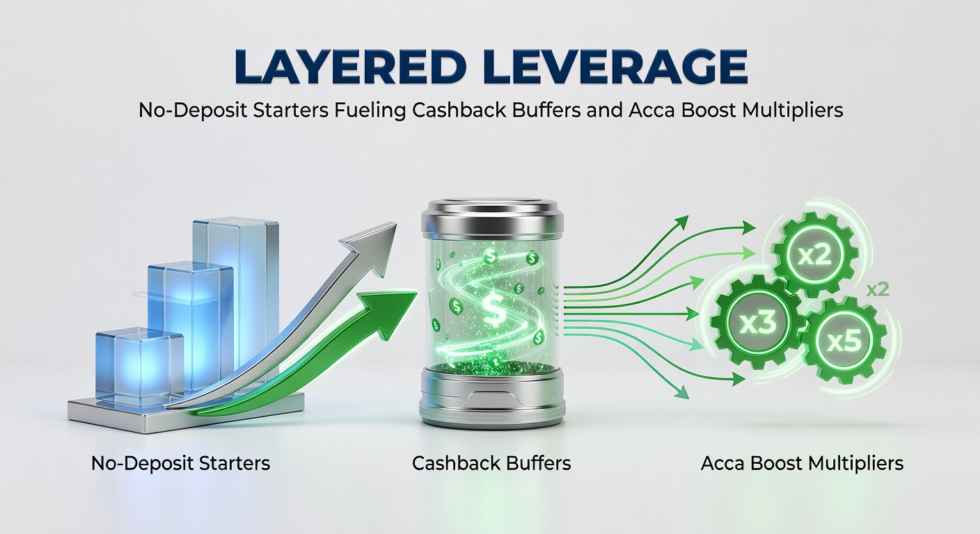 Graphic illustrating layered betting strategies with no-deposit bonuses stacking atop cashback protections and accumulator multipliers