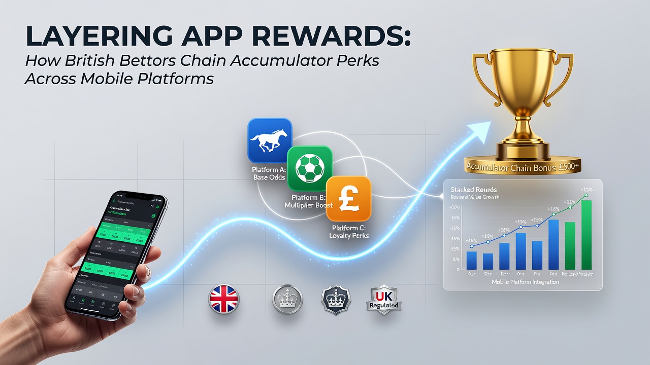 Mobile phone screens displaying layered accumulator bets and reward notifications from different UK betting apps