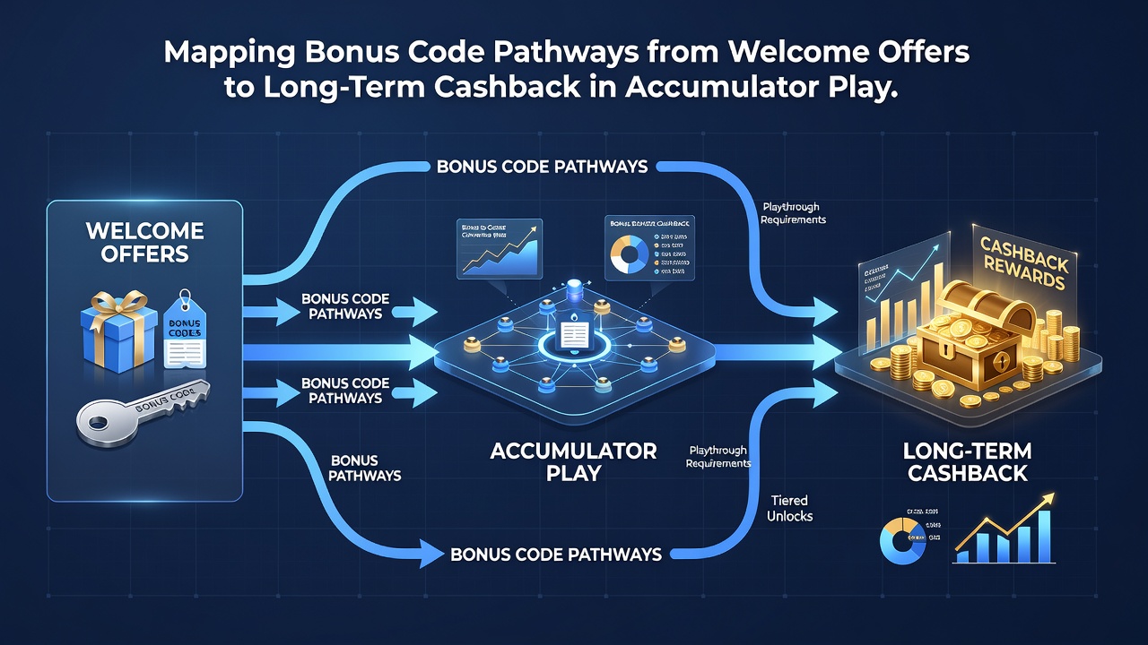Flowchart illustrating how bonus codes evolve from welcome offers into long-term cashback rewards during accumulator betting