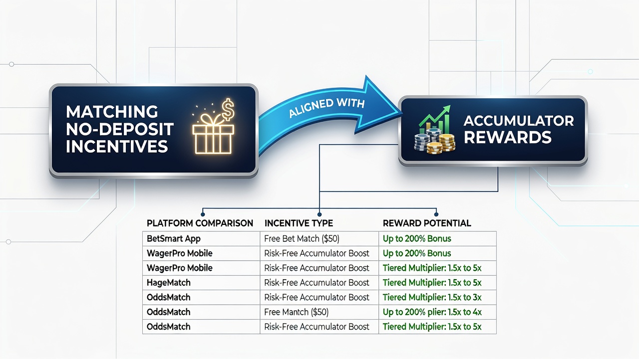 Screenshot of a betting app comparison tool highlighting matched no-deposit credits and accumulator boost values