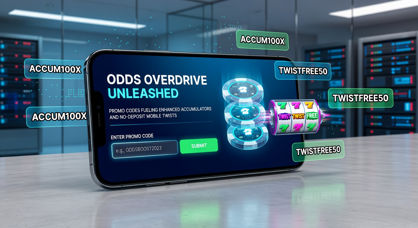 Close-up of a smartphone screen displaying a no-deposit promo code entry with accumulator odds flashing upwards, surrounded by icons of sports events and reward notifications