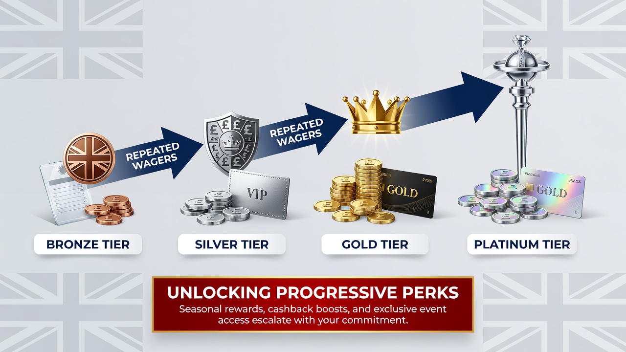 Infographic showing tier progression paths and seasonal wager thresholds at UK betting platforms