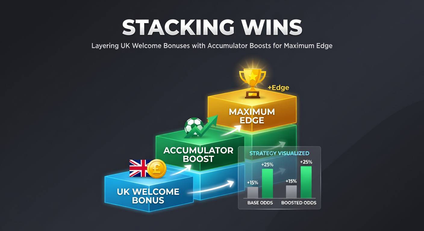 Infographic showing a step-by-step layering of welcome bonuses onto accumulator boosts with payout examples and UK flag elements