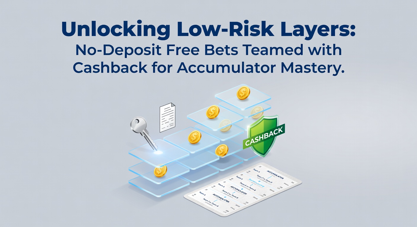 Illustration of layered betting strategies showing no-deposit bets and cashback icons stacked with accumulator charts