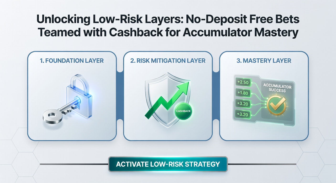 Graphic depicting accumulator bet slips integrated with cashback refund cycles and no-deposit tokens