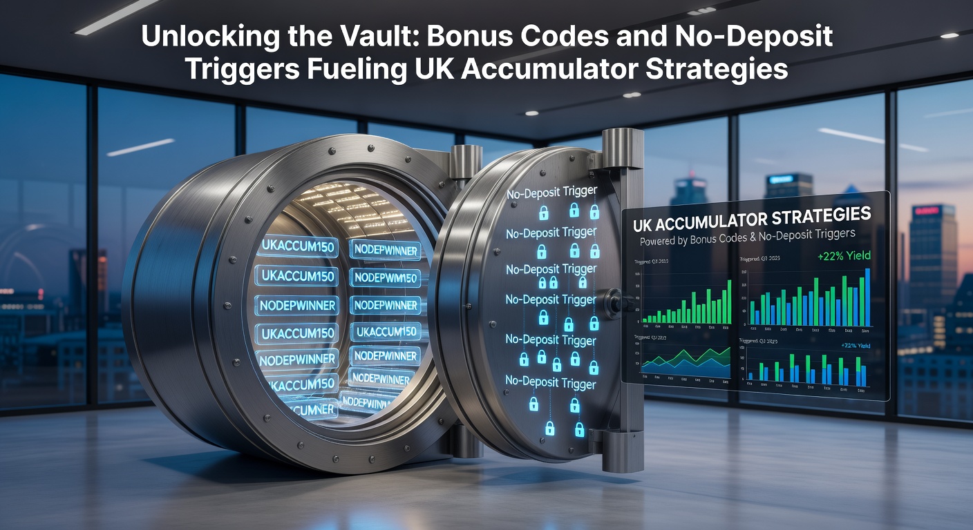 Digital vault unlocking with glowing bonus codes and accumulator bet slips emerging, symbolizing access to no-deposit rewards in UK betting