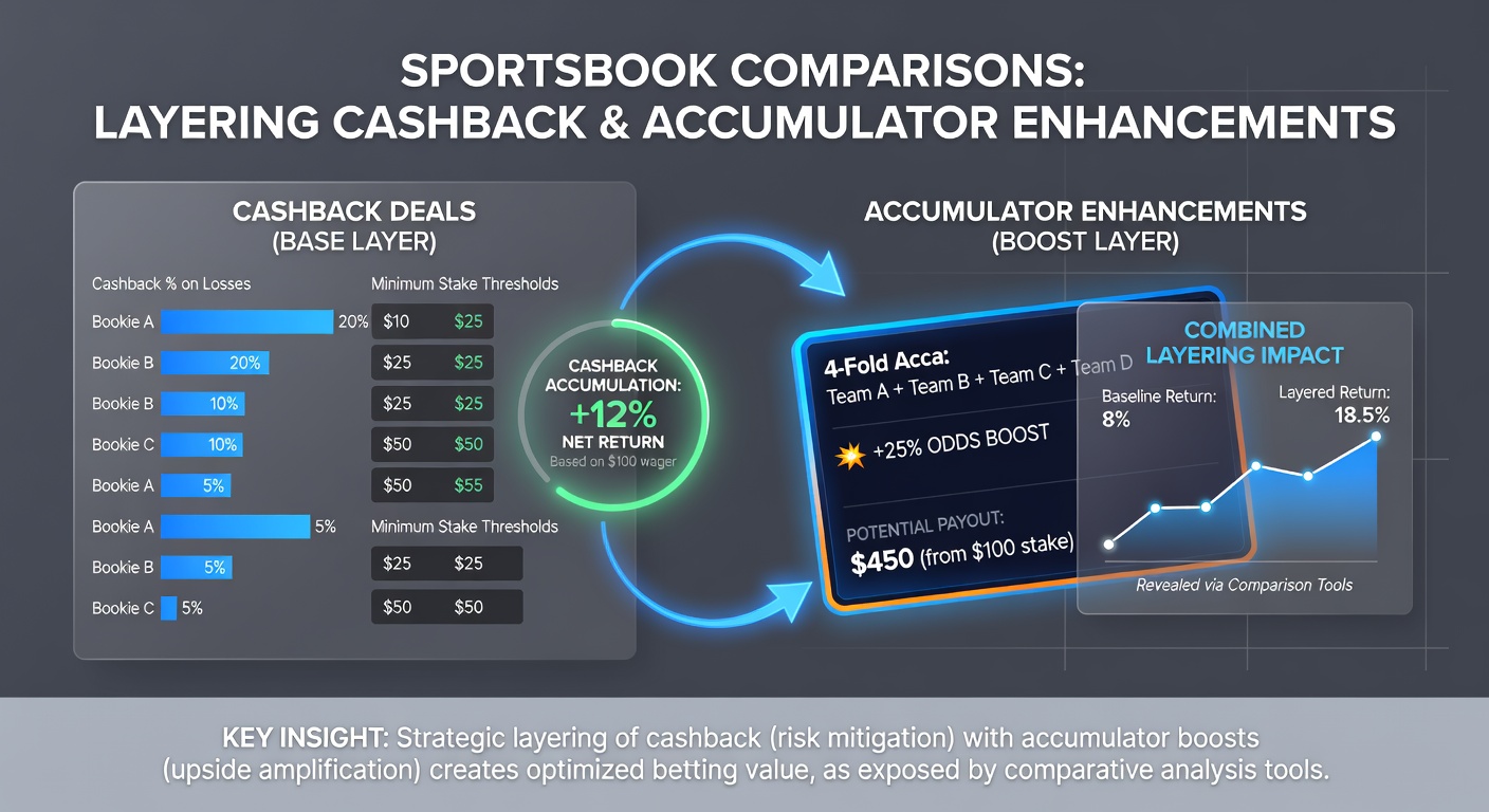 Detailed breakdown of cashback percentages and accumulator boost multipliers across different sportsbook platforms